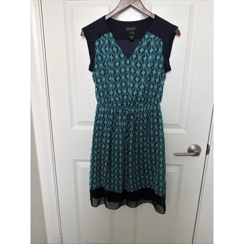 Ladies Enfocus Studios Dress Size 4 Navy/Green Geo V-Neck Sleeveless